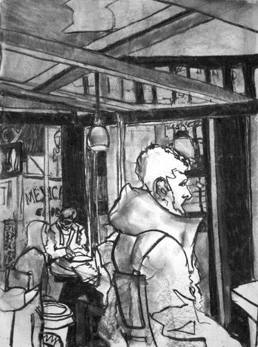 Starbucks Astor Place, Cold February (sold);  
Willow Charcoal, 2014; 
24 x 18 in.
